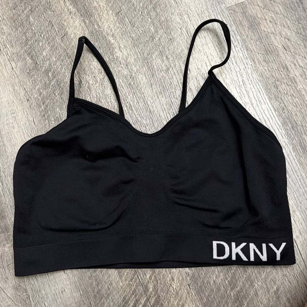 DKNY Women's Seamless Ribbed Logo Bralette Wire-Free Sport Bra Black Size L
